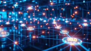 Photorealistic image of secure network infrastructure with glowing connection nodes and digital data flowing safely through protected pathways, representing modern cybersecurity architecture and network protection systems
