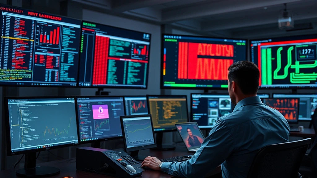 Photorealistic photo of cybersecurity professionals in a modern security operations center monitoring multiple screens displaying network traffic and security alerts, demonstrating active threat detection and response capabilities