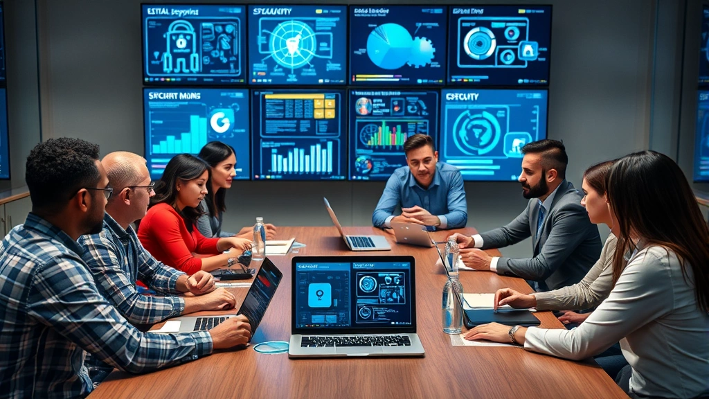 Photorealistic image of a diverse team of security experts collaborating around a conference table with digital security visualizations displayed on screens behind them, representing organizational security strategy and incident response planning
