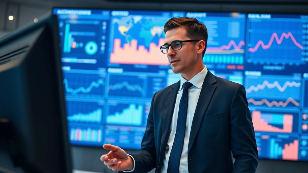 Professional security director in business attire reviewing security analytics on a large digital display in a modern corporate command center, focused concentration