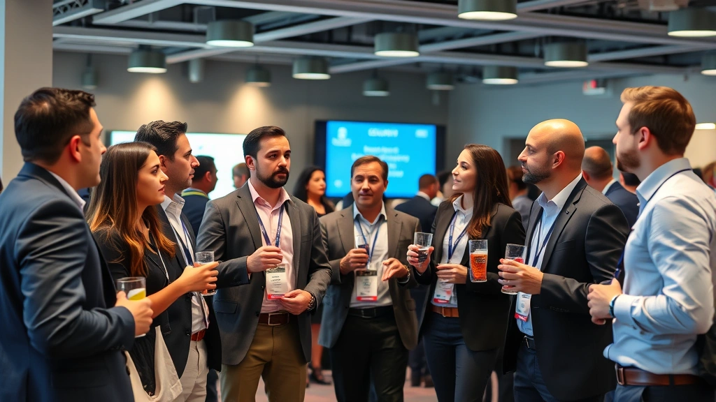 Diverse group of security professionals networking at an industry conference, holding beverages and discussing, professional business casual attire in modern venue