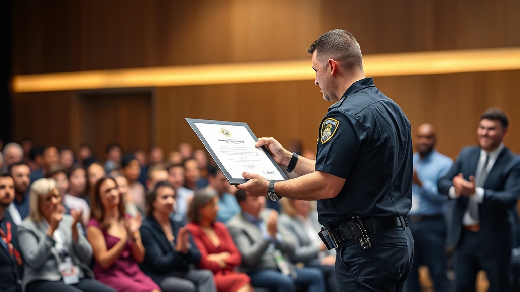 Security professional receiving recognition award or certificate on stage, audience applauding, celebratory professional achievement moment