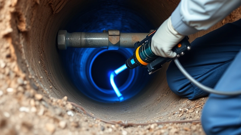 Professional plumber performing video camera inspection of underground sewer pipe system, showing fiber optic cable entering pipe opening with inspection equipment visible