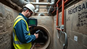 Technician in safety gear inspecting underground sewer infrastructure with advanced diagnostic equipment, professional water utility worker examining pipe systems in secure facility