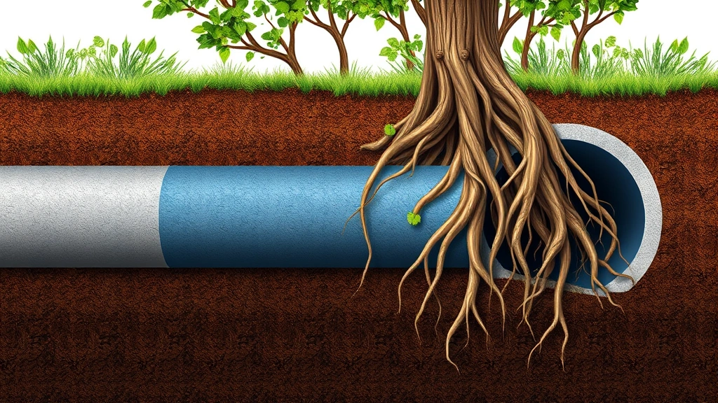 Cross-section diagram visualization showing tree roots infiltrating damaged sewer pipe underground with soil layers, roots breaking through concrete pipe walls