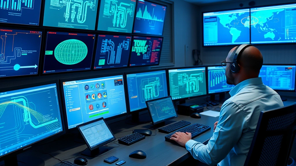 Water utility control room with multiple monitoring screens displaying real-time system data, cybersecurity analyst monitoring critical infrastructure with network visualization displays
