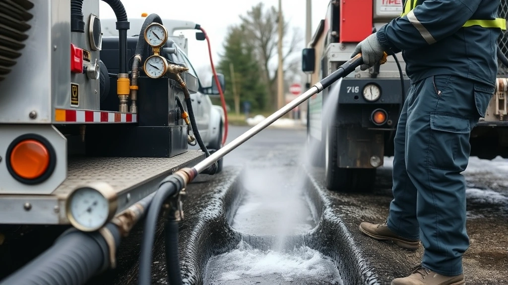 Technician operating hydro-jetting equipment truck spraying high-pressure water into sewer line cleanout, with pressure gauge and hose connections visible