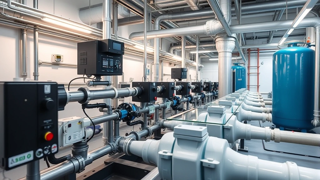 Modern water treatment facility with advanced filtration systems and security measures, industrial water infrastructure showing pipes, pumps, and monitoring equipment in secure installation