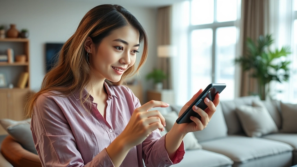 Professional woman examining new smartphone for damage in modern living room with natural lighting, detailed inspection of device screen and edges, photorealistic