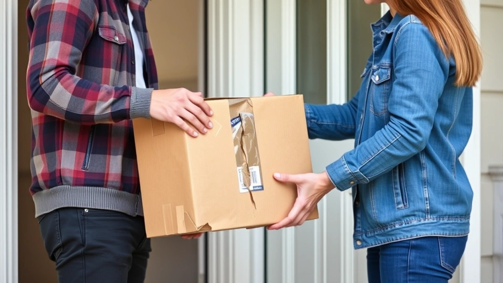 Delivery person handing damaged package to customer at home entrance, showing visible damage to cardboard box, both figures partially visible, photorealistic scene