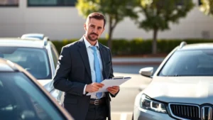 Professional man in business suit standing beside rental car examining damage with clipboard, sunlight, parking lot background, serious expression, photorealistic