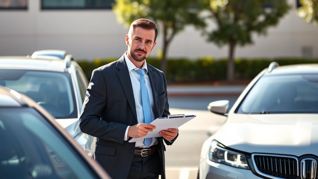 Professional man in business suit standing beside rental car examining damage with clipboard, sunlight, parking lot background, serious expression, photorealistic