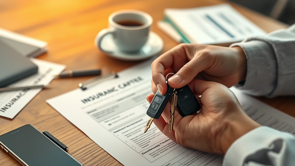 Close-up of hands holding rental car keys and insurance documents on wooden desk with coffee cup, organized paperwork, warm lighting, shallow depth of field