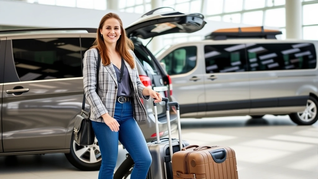 Female traveler with luggage next to rental vehicle at airport terminal, confident pose, modern rental facility, natural daylight, professional appearance