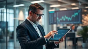 Professional businessman analyzing financial data on tablet computer showing price charts and market trends, modern office environment, focused expression, cybersecurity-relevant digital security overlay subtle