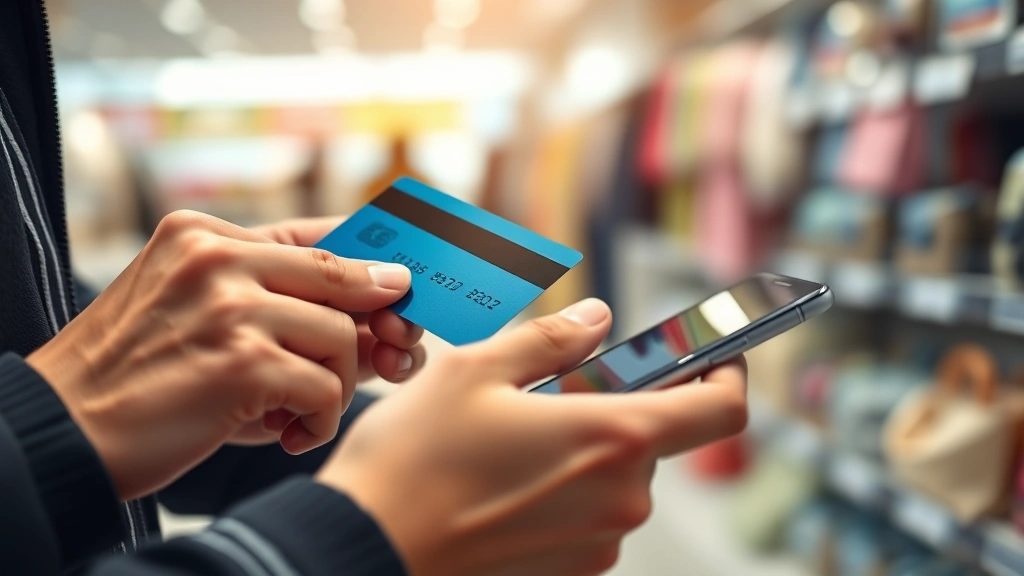 Close-up of hands holding credit card while using smartphone to check prices online, shopping comparison concept, modern retail environment, digital security elements visible