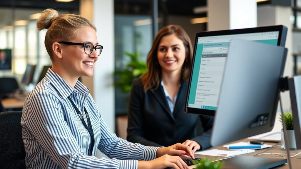 Customer service representative in professional setting assisting with claim verification, computer monitor showing transaction details, organized office workspace, trustworthy appearance