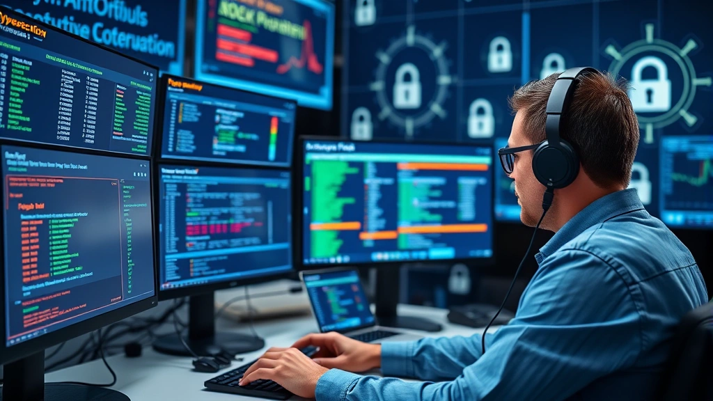 Cybersecurity professional monitoring payment fraud on multiple screens displaying transaction data and security alerts in a secure operations center, with digital lock icons and encryption symbols visible in background