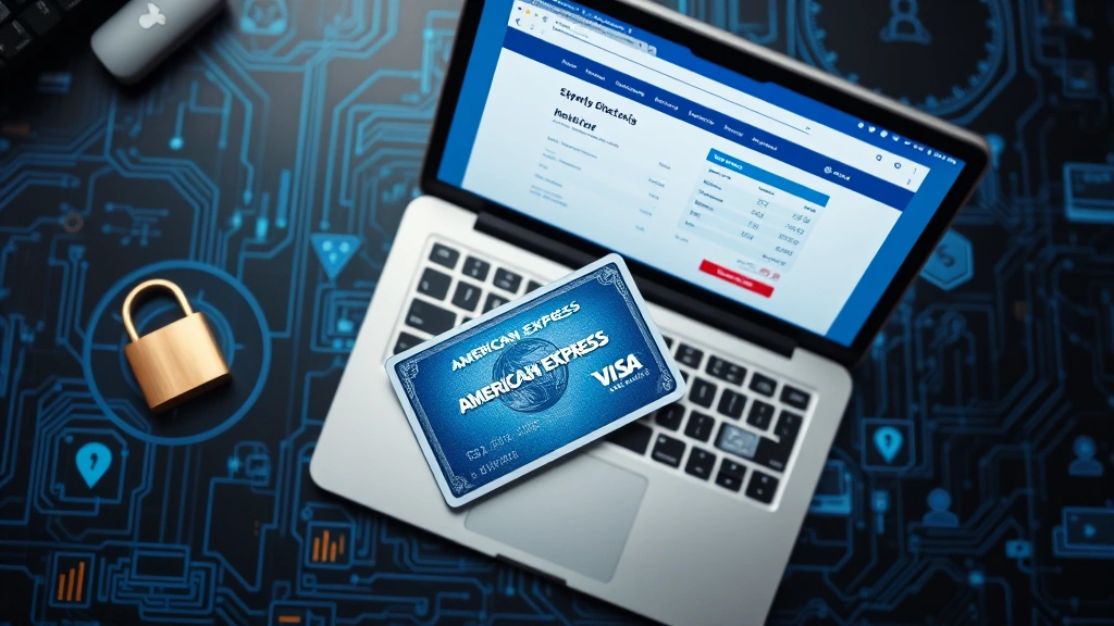 Overhead flat lay photograph of an American Express card placed on a secure desktop surface with a laptop showing a checkout page, emphasizing the importance of card security during online transactions, with cybersecurity-themed background elements