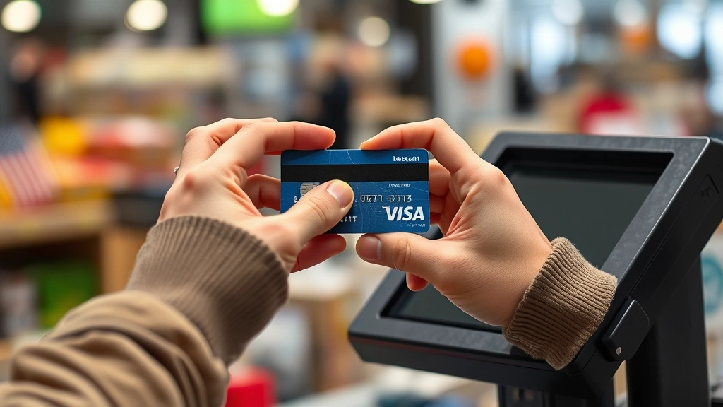 Photograph of hands shielding a payment card at a checkout terminal, demonstrating proper security practices to prevent shoulder surfing and unauthorized viewing of sensitive card information, showing protective posture and awareness