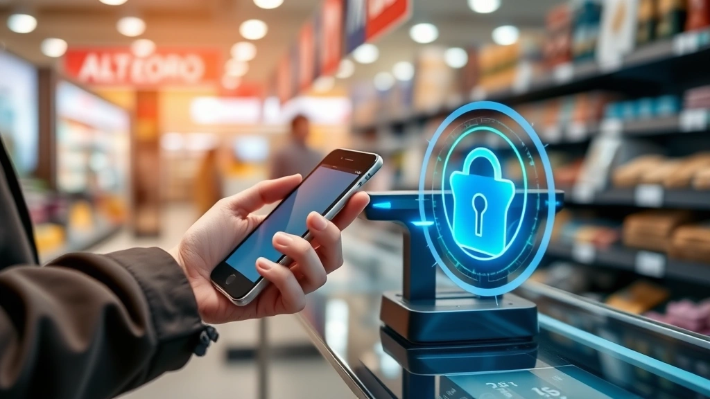 Person using smartphone mobile wallet for contactless payment at retail store checkout counter, showing digital payment security in action with encrypted transaction processing