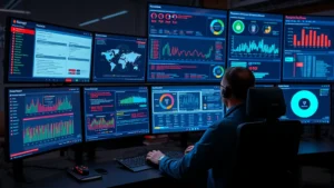 Cybersecurity analyst monitoring multiple advanced threat detection dashboards on large displays, showing real-time threat intelligence feeds, malware detection alerts, and system protection status indicators in a modern security operations center environment