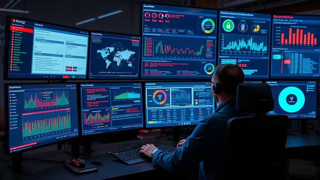 Cybersecurity analyst monitoring multiple advanced threat detection dashboards on large displays, showing real-time threat intelligence feeds, malware detection alerts, and system protection status indicators in a modern security operations center environment