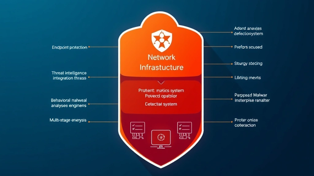 Network infrastructure diagram showing layered security architecture with endpoint protection, threat intelligence integration, behavioral analysis engines, and multi-stage malware detection systems protecting enterprise systems