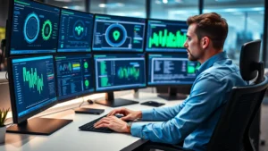 Cybersecurity professional working at a modern desk with multiple monitors displaying network security dashboards and threat intelligence data, focused concentration, professional office environment, blue and green data visualizations