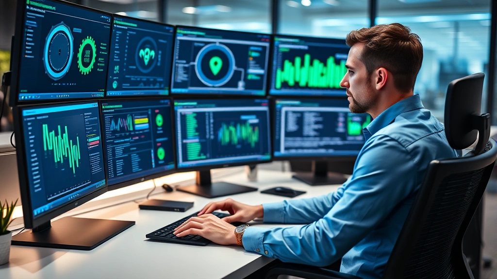 Cybersecurity professional working at a modern desk with multiple monitors displaying network security dashboards and threat intelligence data, focused concentration, professional office environment, blue and green data visualizations