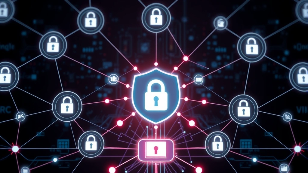 Digital security concept showing interconnected nodes and shield symbols protecting a central data hub, abstract network visualization with lock icons and protective barriers, dark tech background with glowing connections