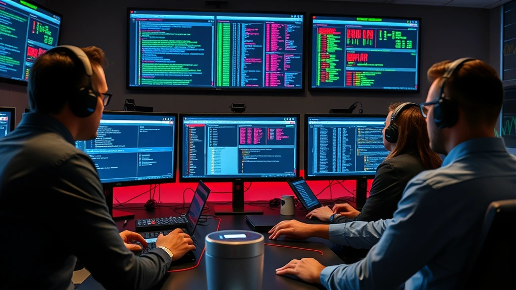 Team of security analysts in a modern security operations center reviewing alerts and incident response procedures on large displays, collaborative cybersecurity environment with multiple workstations and monitoring systems