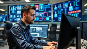 Professional IT technician working on a computer workstation with multiple security monitoring displays visible in the background, focused expression, modern office environment