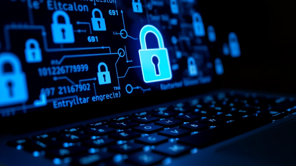 Close-up of a laptop keyboard with glowing blue security lock symbols and digital encryption patterns floating above the keys, dark background, cybersecurity theme