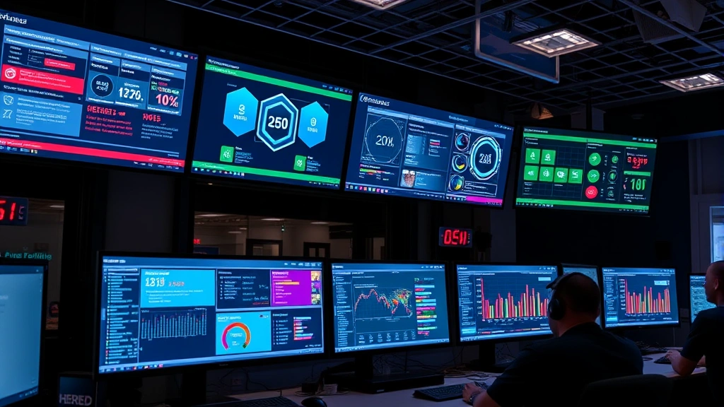 Network security operations center with multiple screens showing security dashboards, real-time threat monitoring interfaces, and data protection metrics displayed on walls
