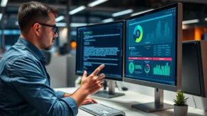 Professional cybersecurity analyst examining suspicious email on computer monitor in modern office environment with security dashboards visible
