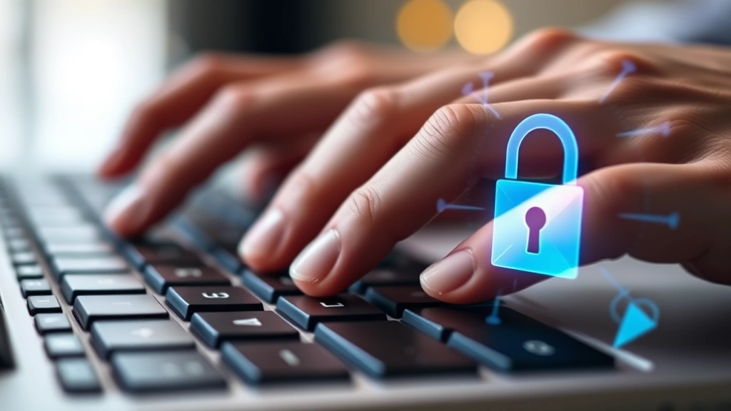 Close-up of hands typing on keyboard with security padlock hologram overlay, representing email authentication and protection verification