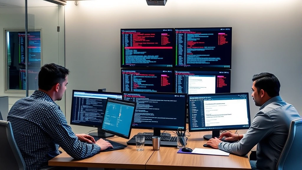 Security team collaborating around conference table reviewing threat intelligence reports and phishing indicators on multiple screens