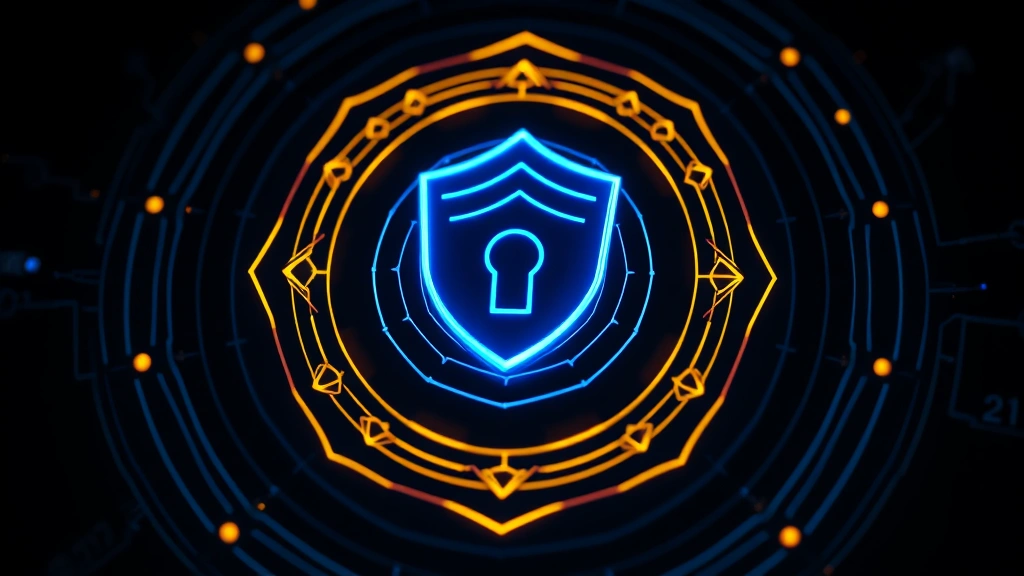 Intricate geometric protection symbols glowing softly on dark background, multiple layered concentric circles in blue and gold, representing cybersecurity defense layers, photorealistic lighting, no text or letters visible