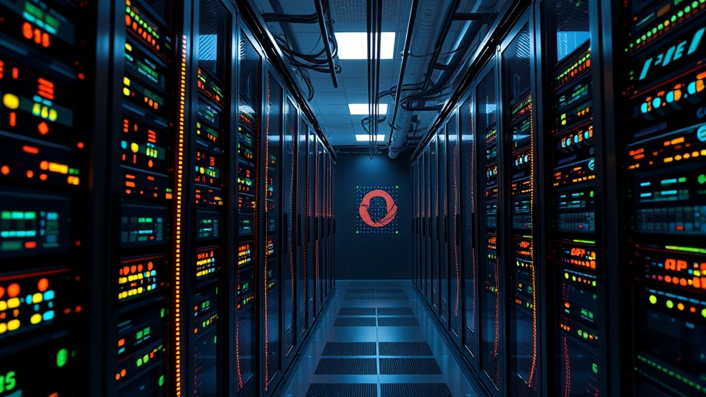 Photorealistic image of a modern data center with glowing servers and network cables, representing secure digital infrastructure and technological protection systems protecting sensitive information
