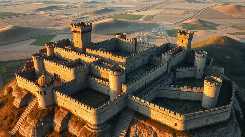 Medieval fortress aerial view with multiple defensive walls and watchtowers at different elevations, representing layered security architecture, golden hour lighting, no visible text or signage