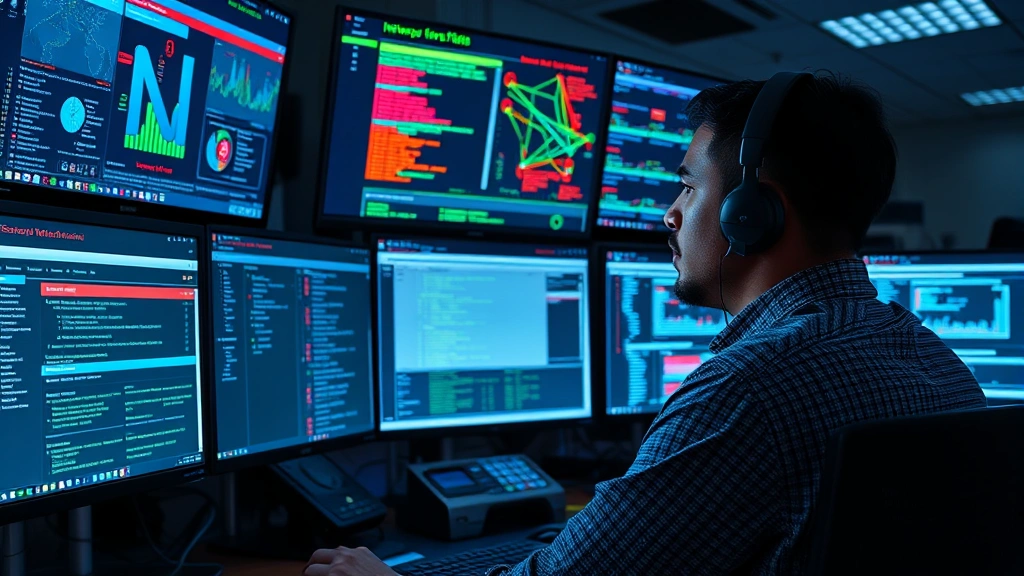 Photorealistic photograph of a cybersecurity professional monitoring multiple screens displaying network activity, threat detection systems, and security alerts in a professional SOC environment