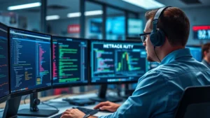 Cybersecurity analyst monitoring multiple computer screens displaying network traffic patterns and security alerts in a modern SOC environment, photorealistic, professional workspace