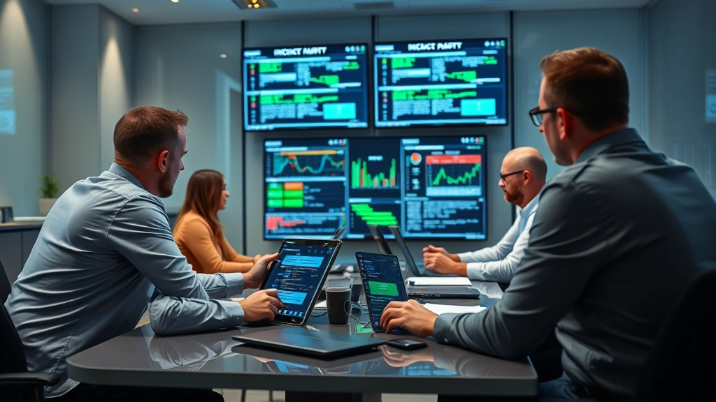Incident response team collaborating in a conference room during a security crisis, reviewing data on screens and discussing mitigation strategies, photorealistic, professional setting
