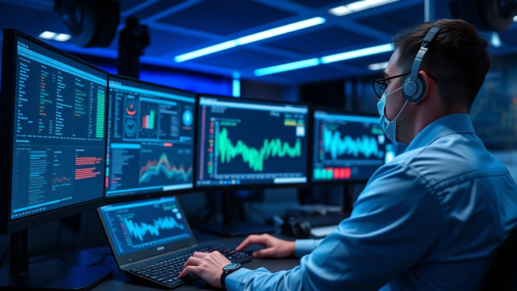 Professional cybersecurity analyst monitoring network traffic on multiple screens in a modern security operations center with blue ambient lighting and digital dashboards showing threat data visualization