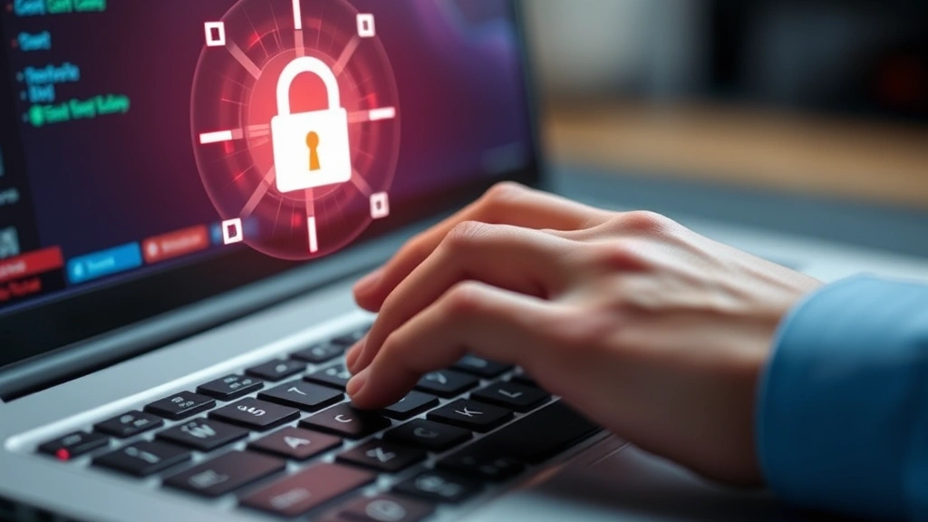 Close-up of a person's hand entering credentials on a computer keyboard with a glowing padlock hologram appearing above the screen, representing secure authentication and digital protection