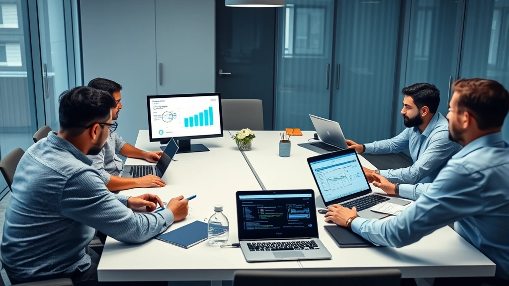 Team of security professionals in a conference room collaborating around a table with laptops and tablets displaying cybersecurity charts and threat intelligence reports during incident response planning