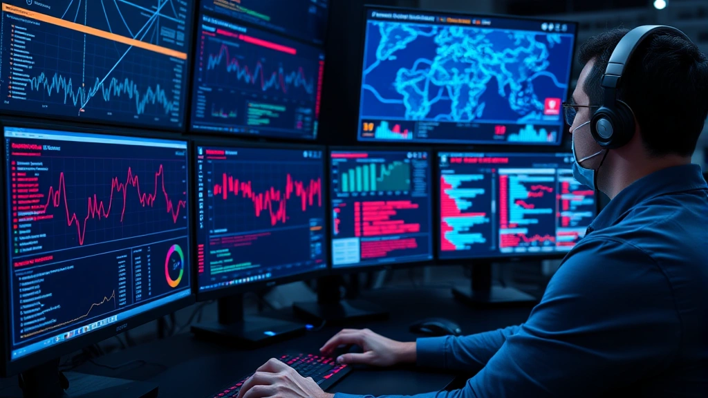 Professional cybersecurity analyst monitoring multiple screens displaying network traffic patterns and threat indicators in a modern security operations center, with blue and red visualization elements