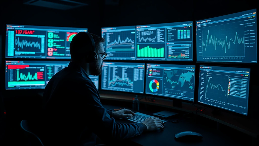 Cybersecurity analyst monitoring multiple network security dashboards with threat detection alerts, dark modern control room environment, focused professional at workstation with multiple screens showing real-time threat data and security metrics