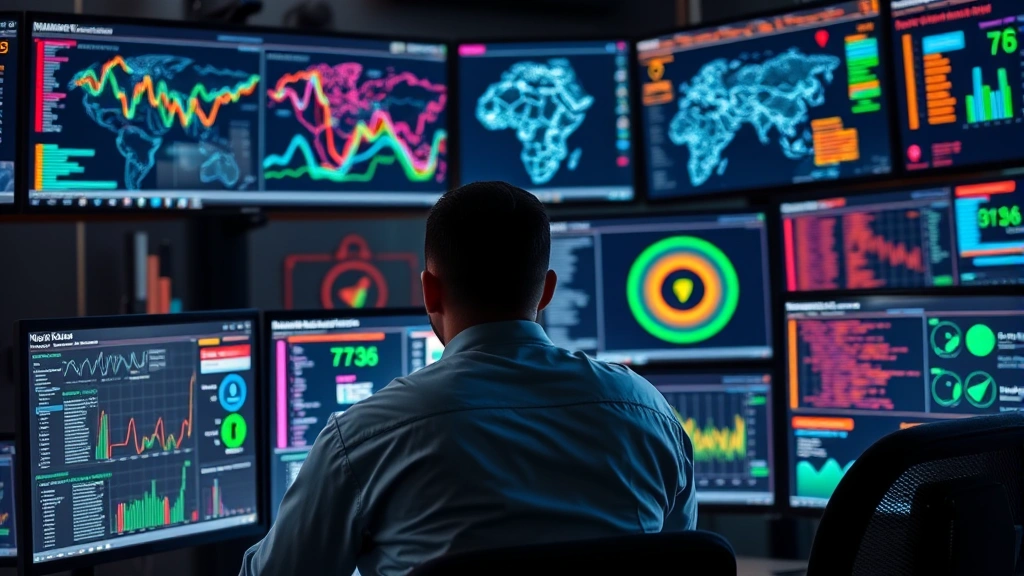 A cybersecurity analyst monitoring multiple screens displaying network traffic patterns, security dashboards with colorful threat indicators and real-time data visualization in a modern operations center environment